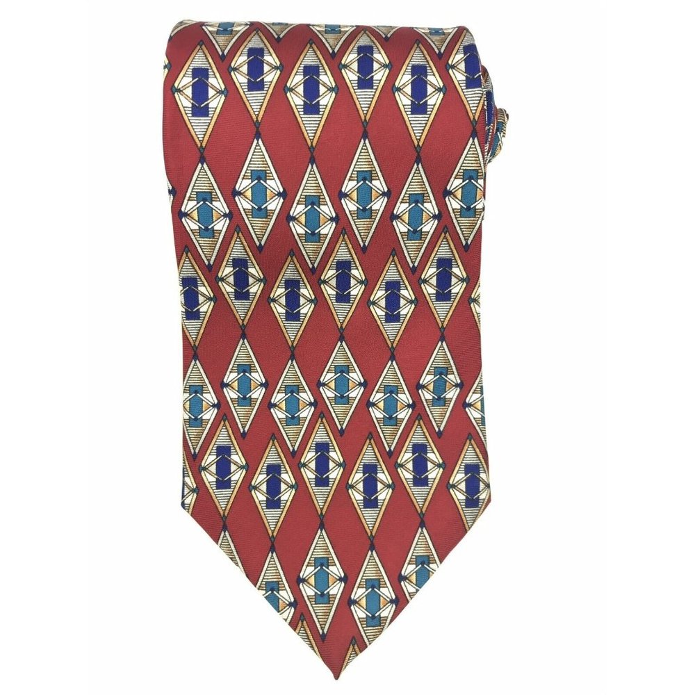 Dior Red Geometric Silk Tie with Blue and Cream Accents